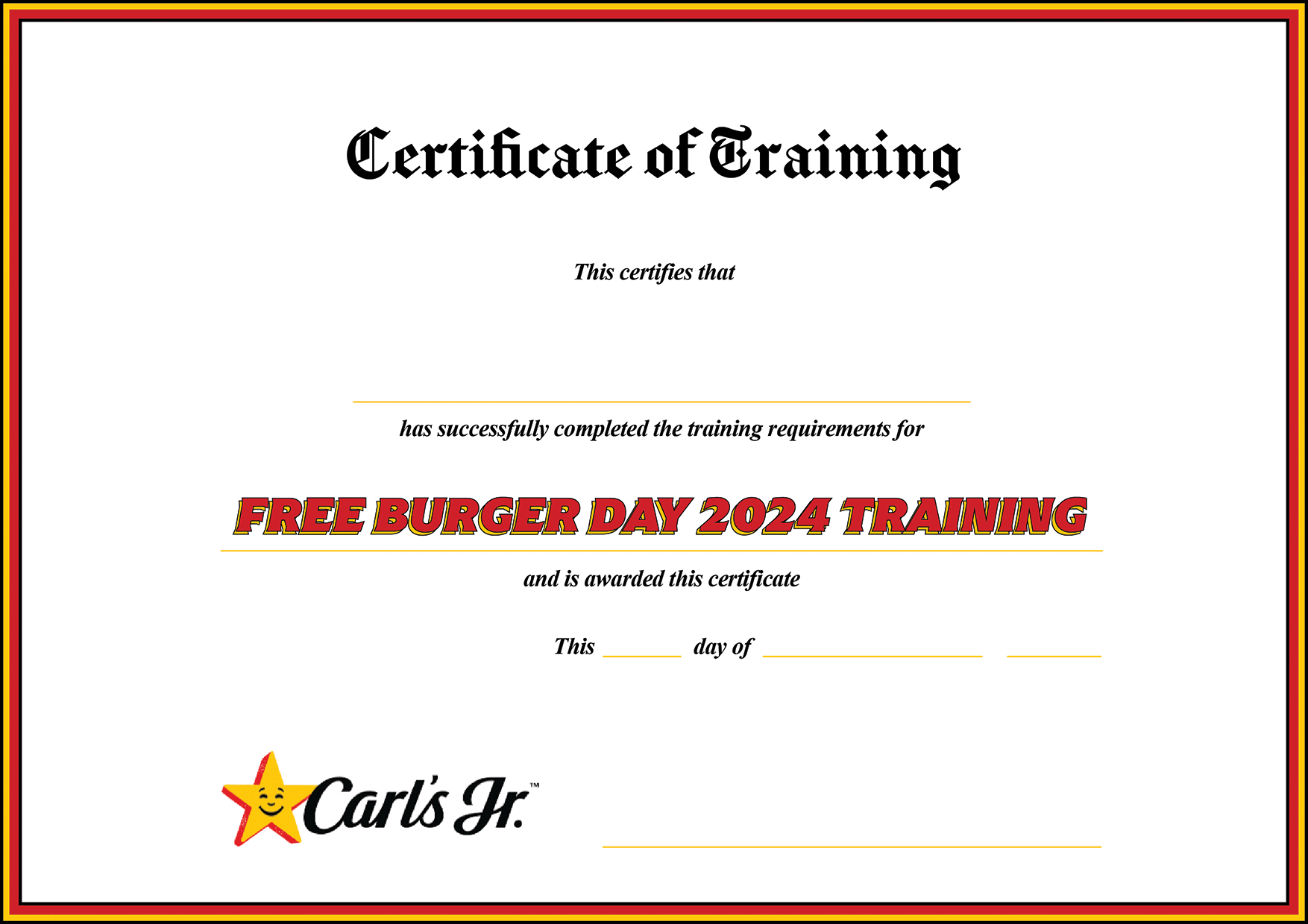 Carl's Jr Free Burger Day Employee Training Certificate